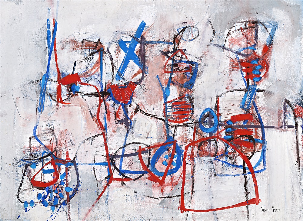 Robert Grieve, Variation in Red, Blue & White, c1990, mixed media on paper, 54 x 74cm SOLD