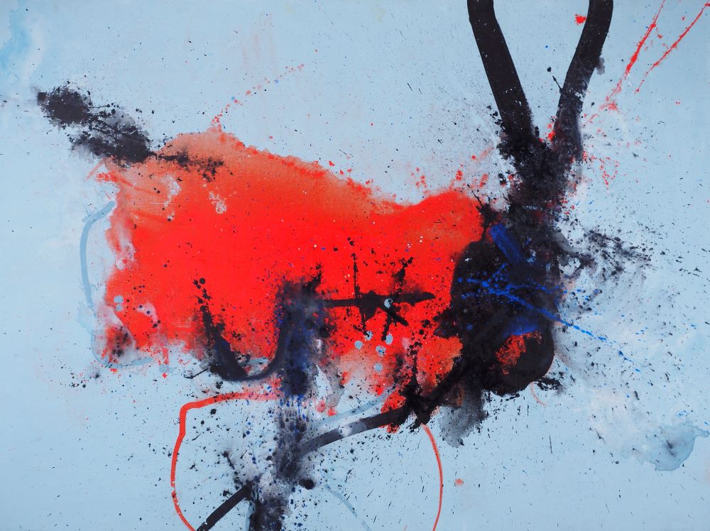 Robert Grieve, Red Motif on Blue, c1995, acrylic & oil on canvas, 101 x 136cm $11,000