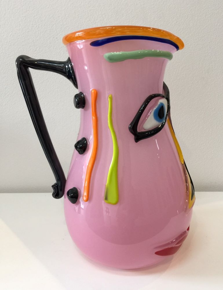Deborah Halpern, Pink Jug with Funky Handle, 2014 (side view), 29x18x25 cm, fused, blown and applied glass $3800