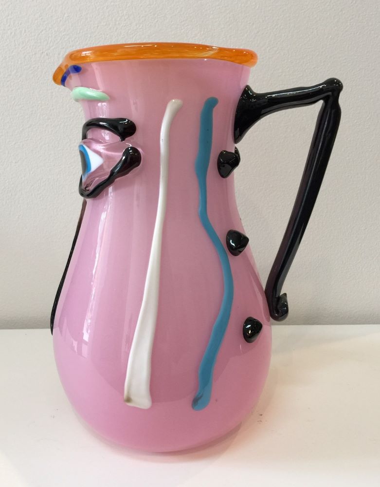Deborah Halpern, Pink Jug with Funky Handle, 2014, (alt side view), 29x18x25 cm, fused, blown and applied glass $3800